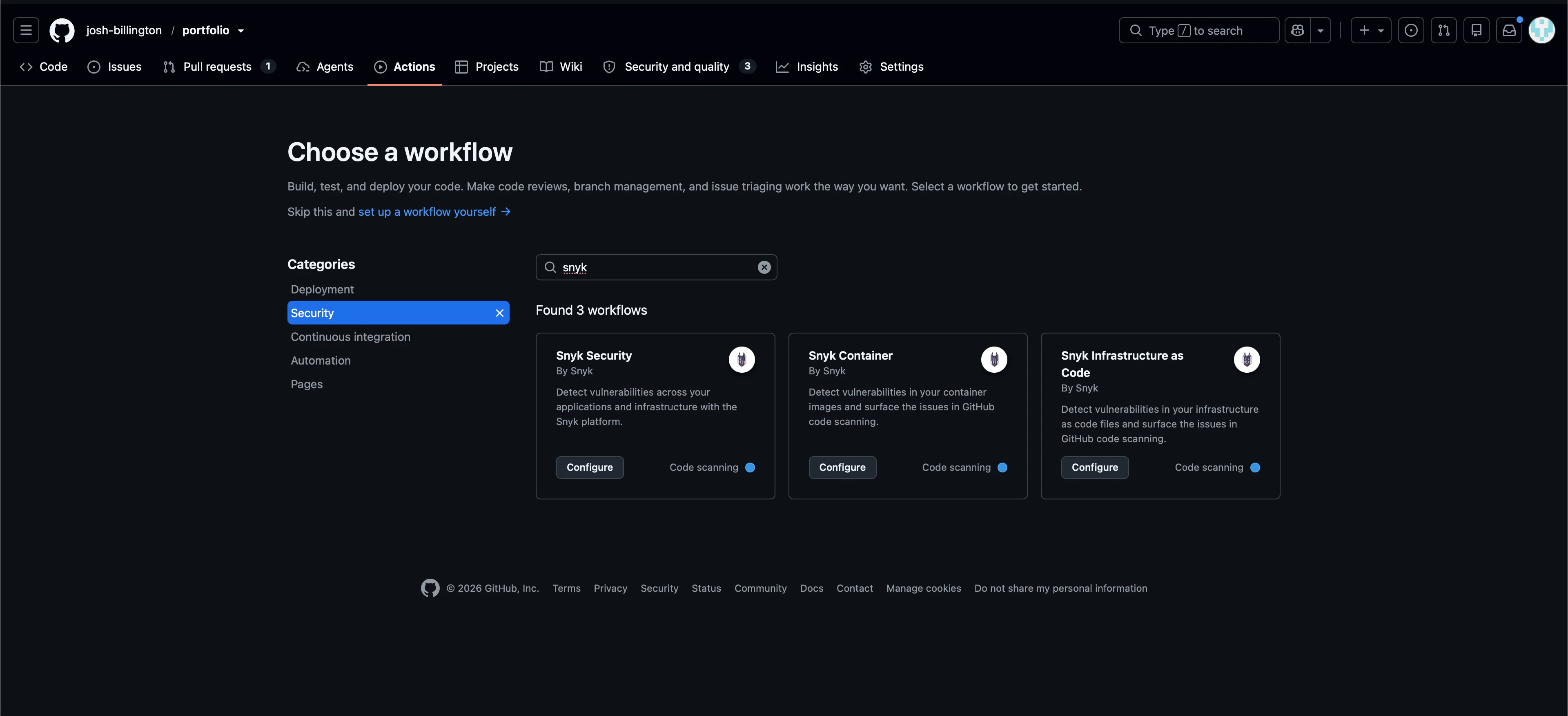 Searching for the Snyk workflow in GitHub Actions