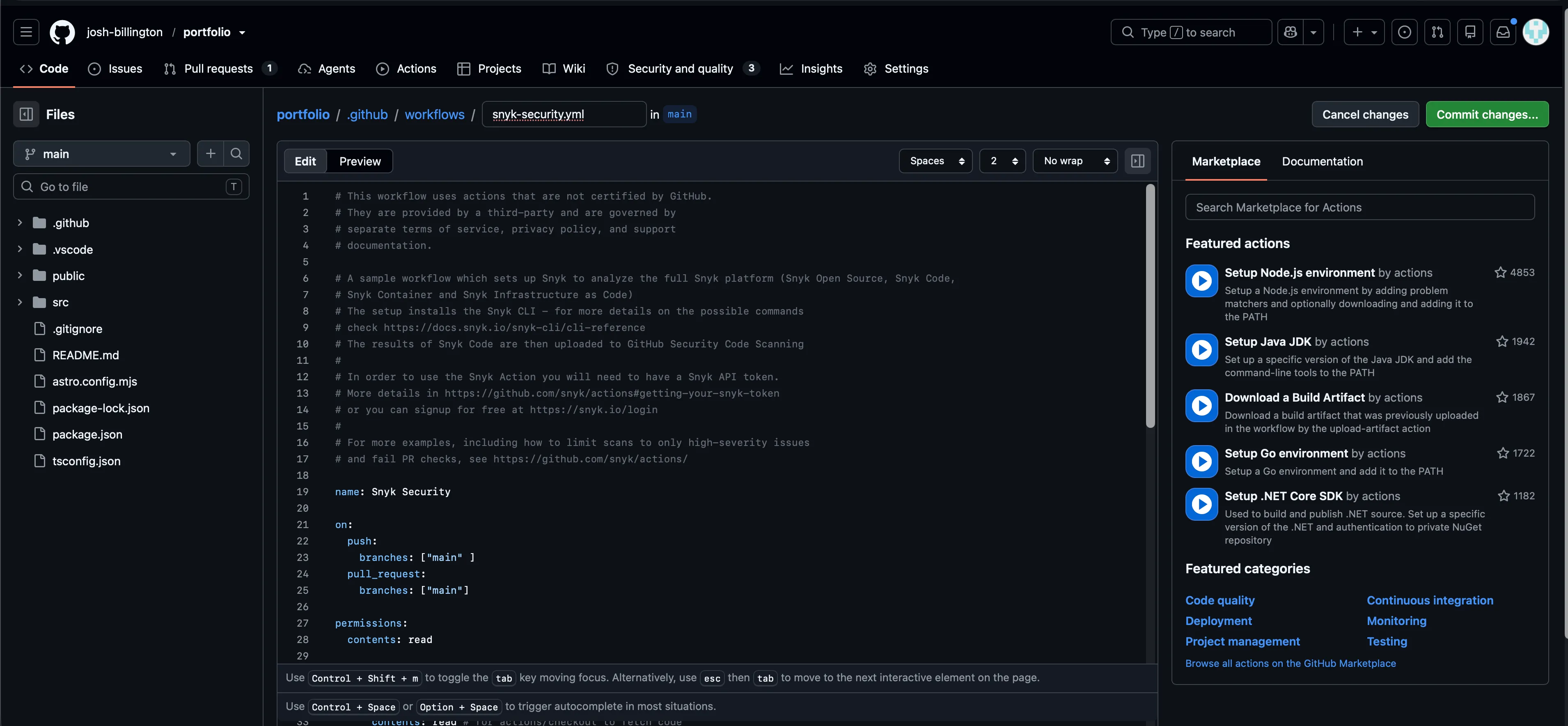 Snyk workflow setup instructions in GitHub